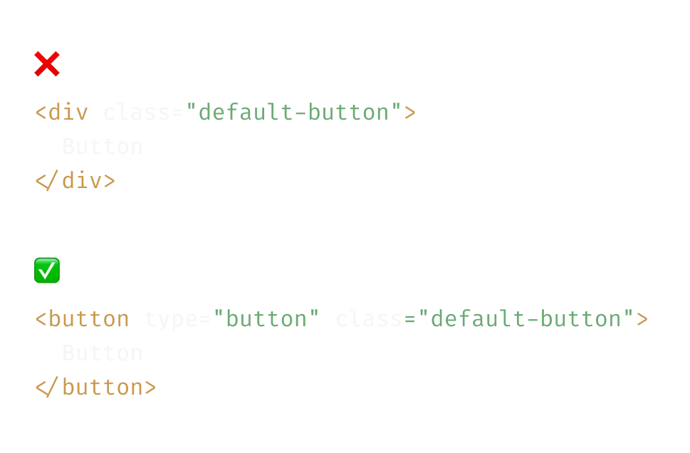 Vergleich von nicht zugänglichem div-Element und korrekt verwendetem Button-Element zur Verbesserung der Screenreader-Zugänglichkeit.