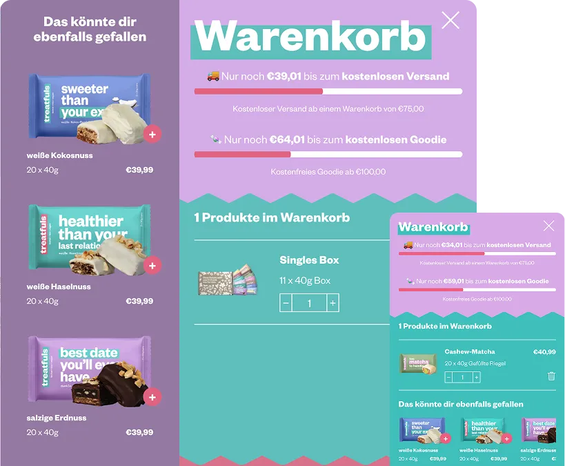 Warenkorbansicht von Treatfuls in Desktop- und mobiler Darstellung mit klarer Struktur, Produktempfehlungen und reduzierten Schritten für einen reibungslosen Checkout.
