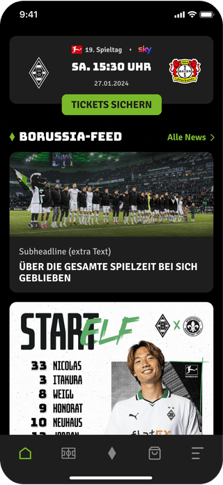 Abbildung der Startseite der FohlenApp des Fußballvereins Borussia Mönchengladbach mit Funktionen wie aktuelle News, Live-Ticker, digitale Tickets und detaillierte Spielstatistiken.