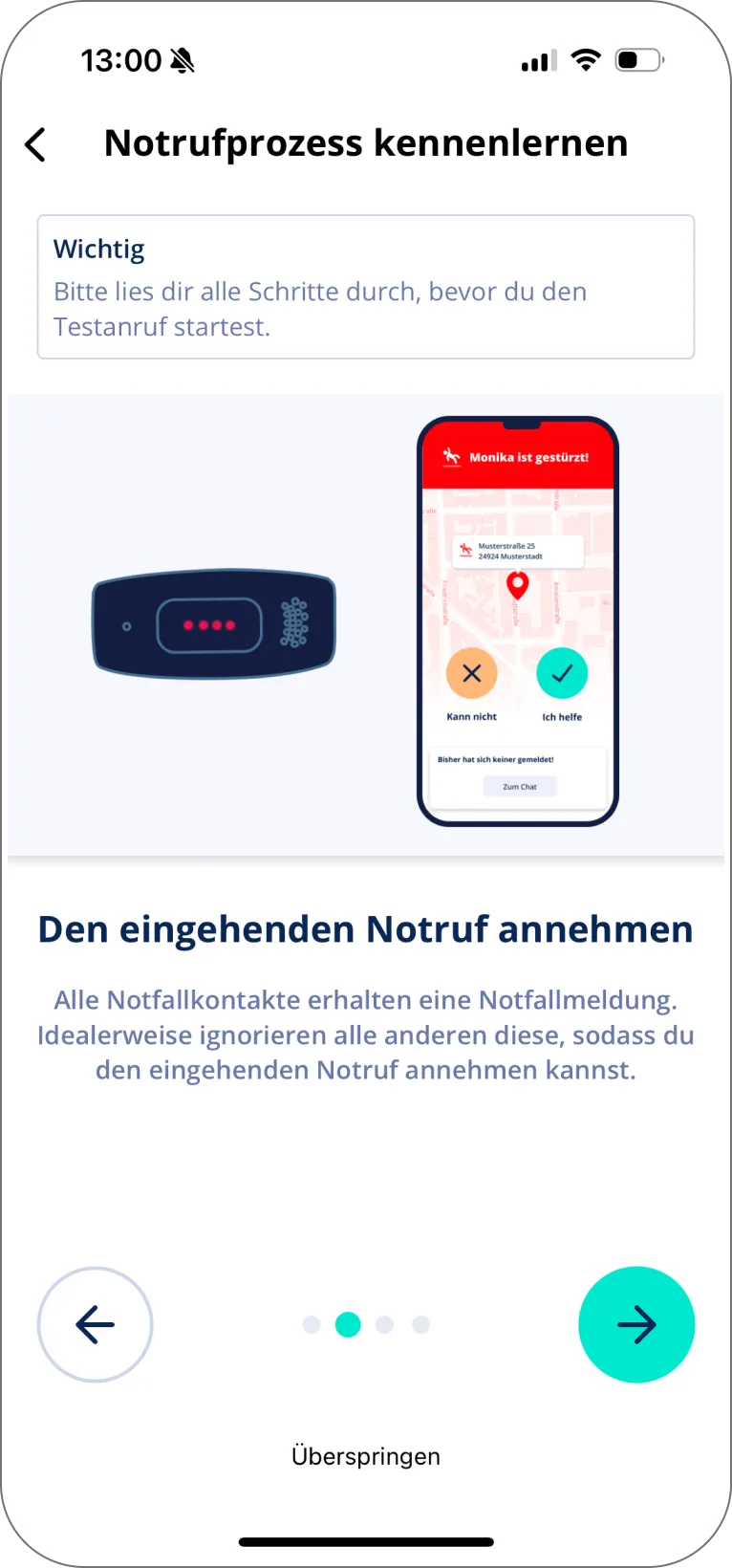 Erklärender Screen im Onboarding, der zeigt, wie Notfallkontakte einen eingehenden Notruf entgegennehmen können.