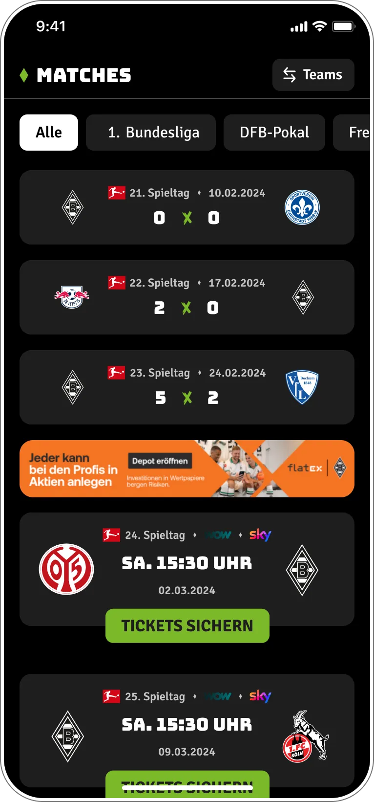 Matches-Übersicht der Fohlen-App mit Filteroptionen, Ergebnissen vergangener Spiele und Ticket-Zugriff für kommende Begegnungen.